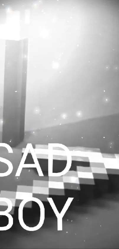 Grayscale pixel art wallpaper featuring a 'Sad Boy' design.