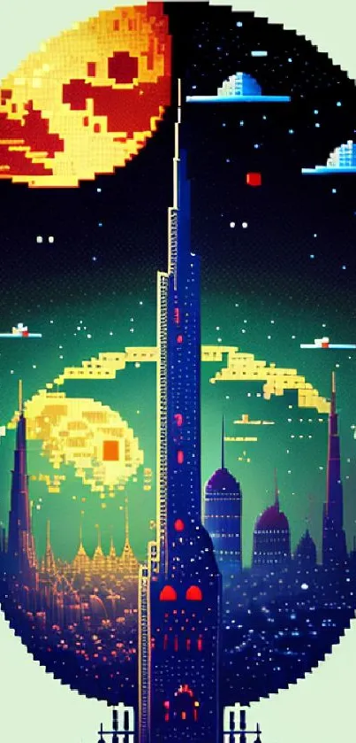 Pixel art cityscape with sci-fi theme and cosmic elements on mobile wallpaper.