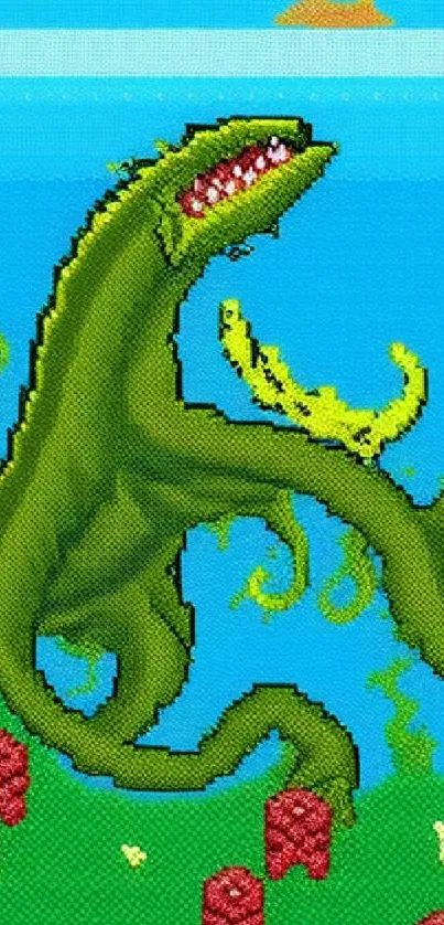 Colorful pixel art sea monster in the ocean.