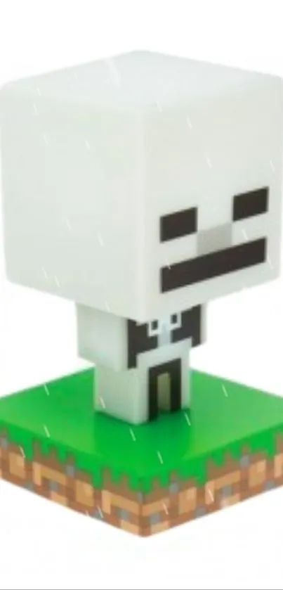 Pixel art skeleton figure on a grass block.