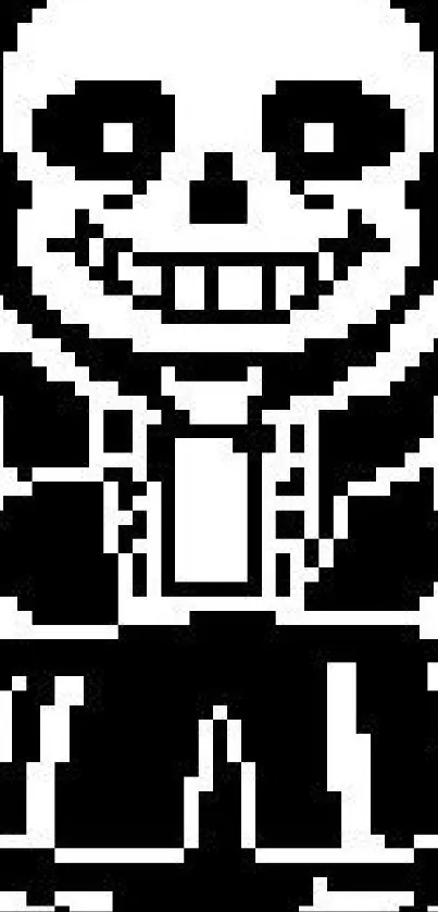 Pixel art skeleton character on black background.