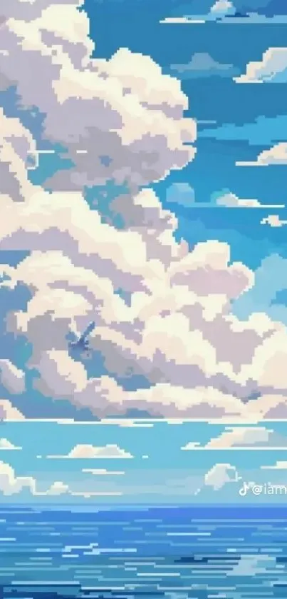 Pixel art of a tranquil sky and sea with clouds.