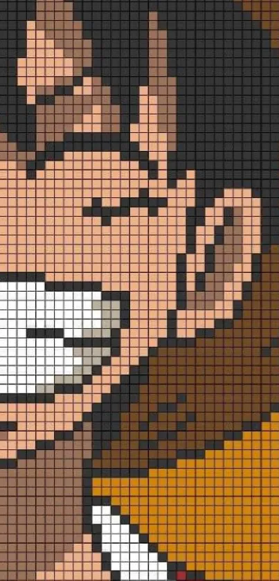 Smiling character in pixel art style with orange background.