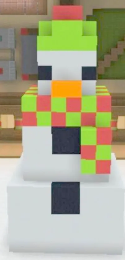 Pixelated snowman with bright colors.