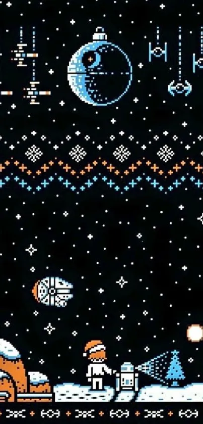 Pixelated space-themed wallpaper with iconic sci-fi elements in 8-bit style.