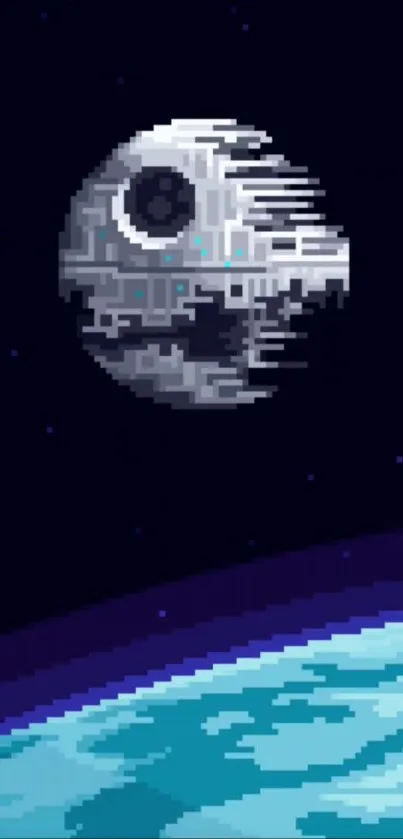 Pixel art wallpaper with moon and planet in space.