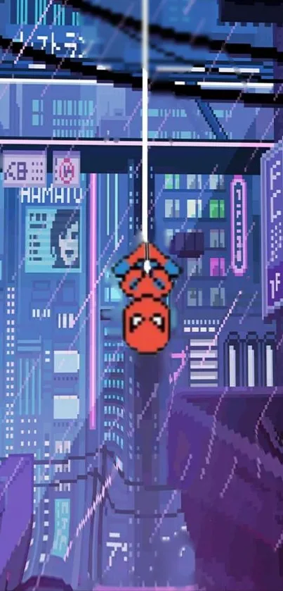 Pixel art cityscape with superhero swinging upside down.