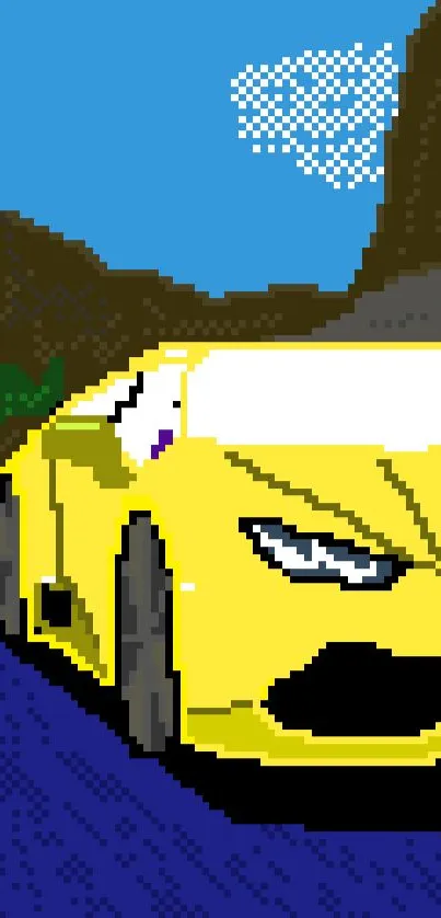 Pixel art of yellow sports car on a mountain road in vibrant colors.