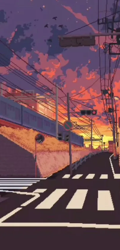 Pixel art sunset road with vibrant sky and street view.