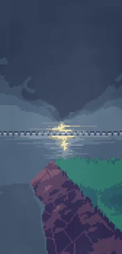 Pixel art sunset over a serene lake with vivid colors.