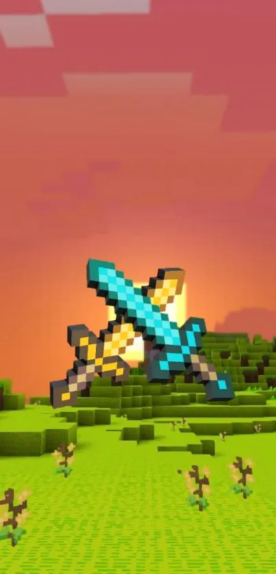 Pixel art wallpaper with swords at sunset.