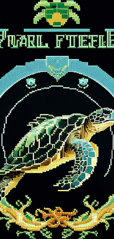 Pixelated turtle art with aqua and black elements.