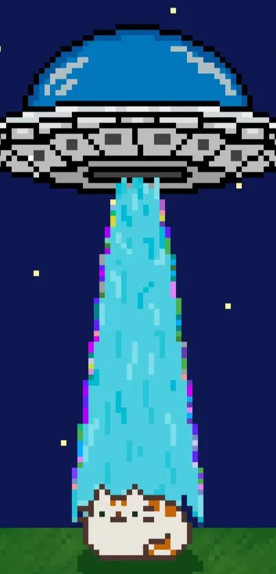 Pixel art of a UFO beaming up a cute cat under a starry night sky.