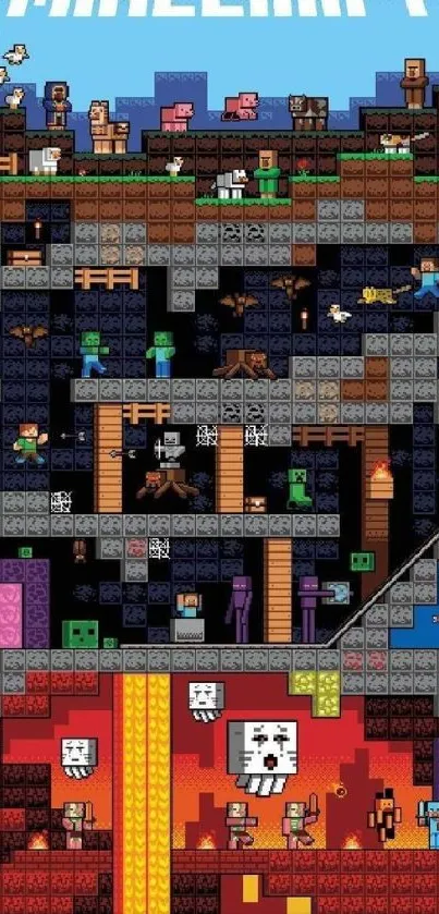 Colorful pixel art wallpaper with underground scene and gaming characters.