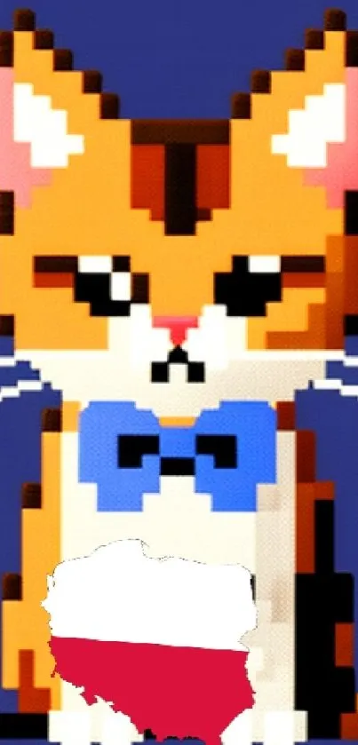 Pixel art cat with blue bow tie and Polish flag.