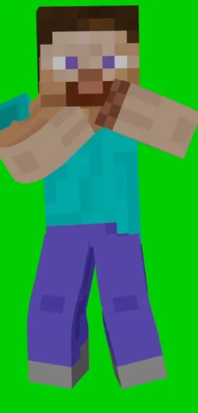 Pixel character on bright green background, Minecraft theme.