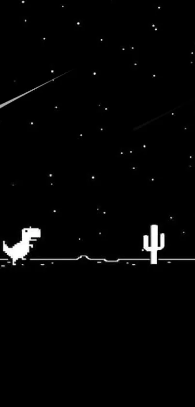 Pixel art dinosaur and cactus under a starry night sky wallpaper.