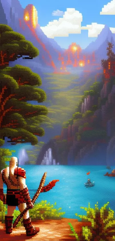 Pixel art fantasy landscape with warrior by a mystical valley in vibrant colors.