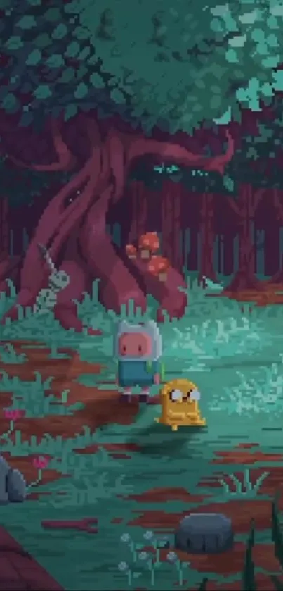 Pixel art forest adventure with two characters exploring.