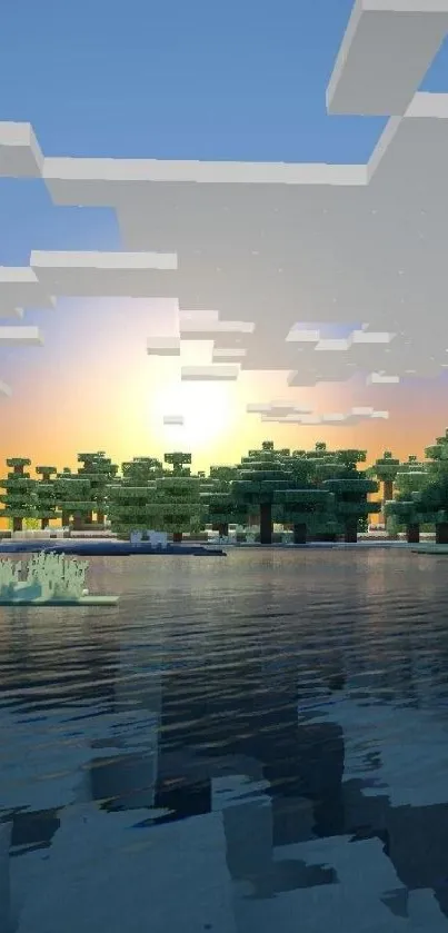 Pixelated forest at sunset with calm water reflections.