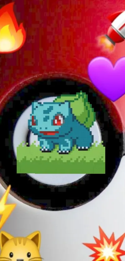 Pixel art Bulbasaur on a Pokeball background with emojis.