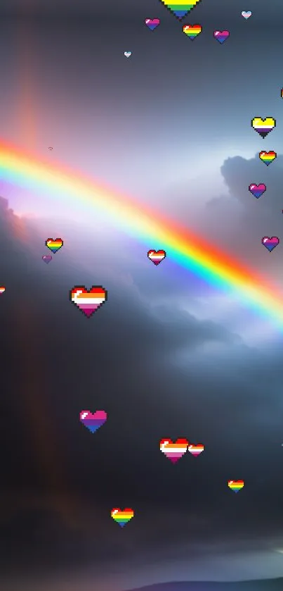 Vibrant wallpaper of pixel hearts with a rainbow across a dark cloudy sky.