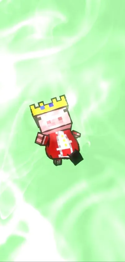 Pixel art character with crown on green background.