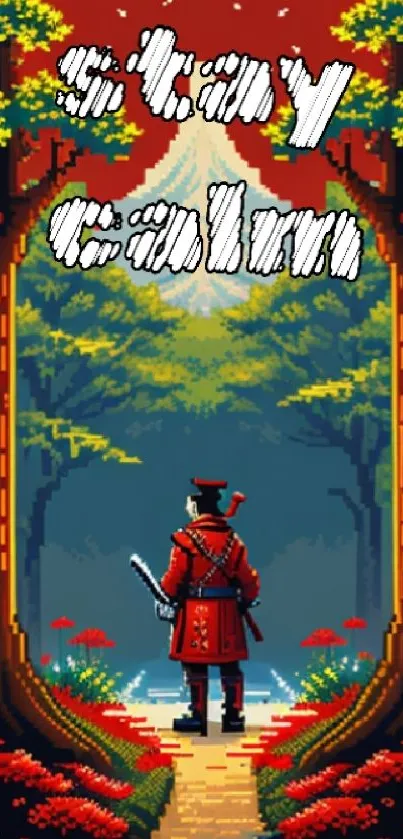 Pixel art wallpaper featuring a samurai in a vibrant forest setting.