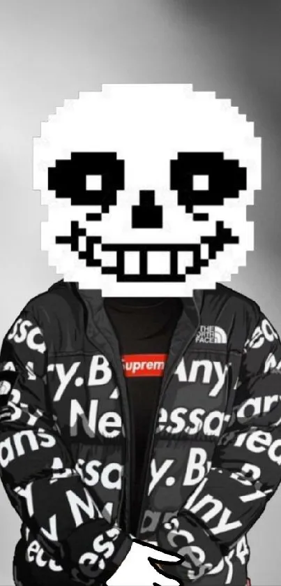 Pixelated skeleton in street fashion jacket with monochrome background.