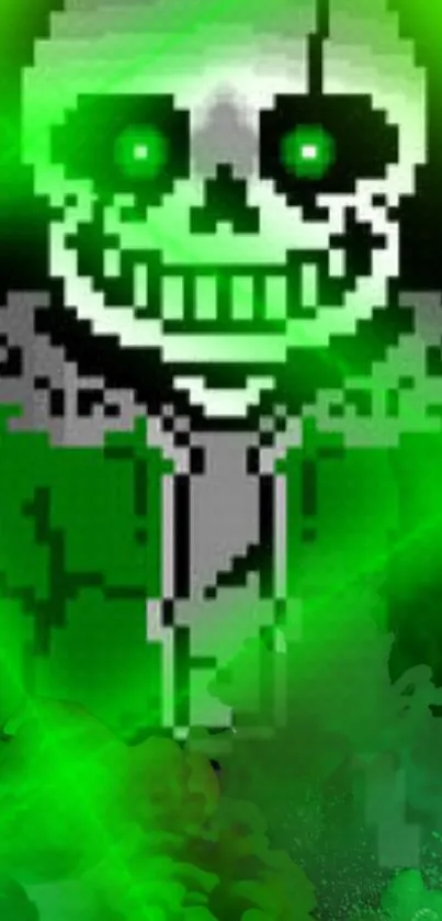 Pixel skeleton with vibrant green glow on mobile wallpaper.