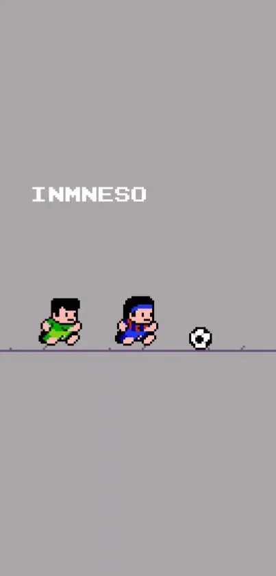 Retro pixel art soccer players in action on a grey background for mobile wallpaper.