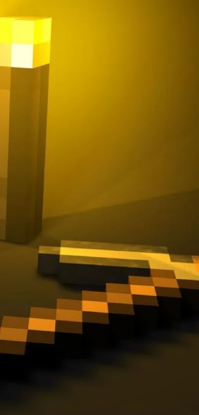 Pixel art wallpaper with a torch and a sword, glowing in golden hues.