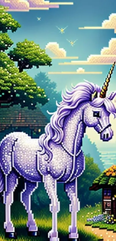 Pixel art of a unicorn in a magical forest with vibrant colors.