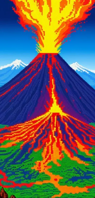 Vibrant pixel art of a volcano eruption with lava flow and colorful landscape.