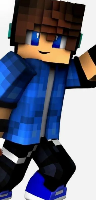 Pixelated character in blue attire resembling Minecraft style.