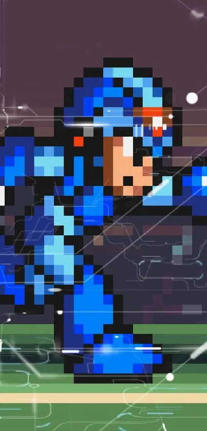 Pixelated blue hero running in dynamic pose on mobile wallpaper.