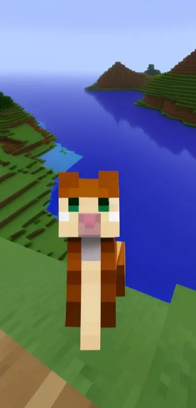 Pixelated cat overlooking a blue lake in a blocky, digital landscape.