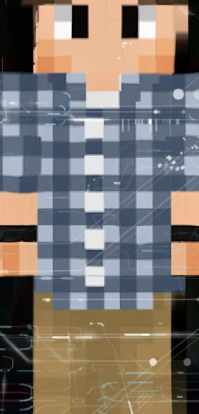 Pixelated character with checkered shirt on a techy background wallpaper.