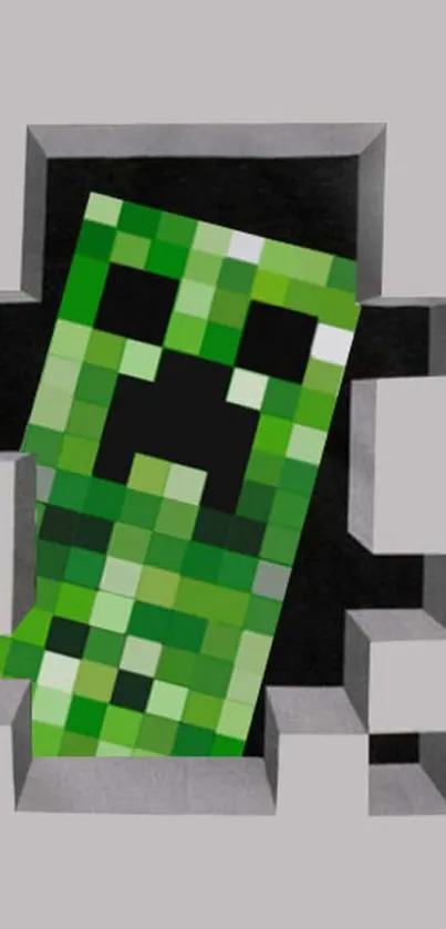 Green pixelated creeper breaking through a 3D brick wall on phone wallpaper.