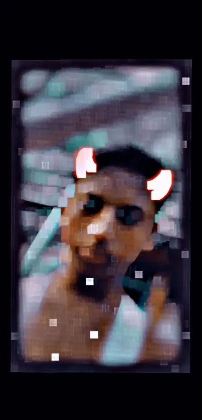 Pixelated image with glowing devil horns on phone wallpaper.