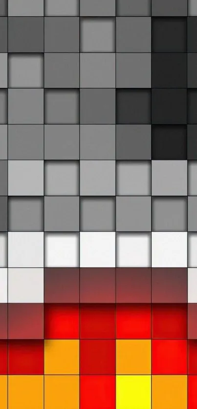 Pixelated wallpaper with vibrant fire design blending gray, red, and orange hues.