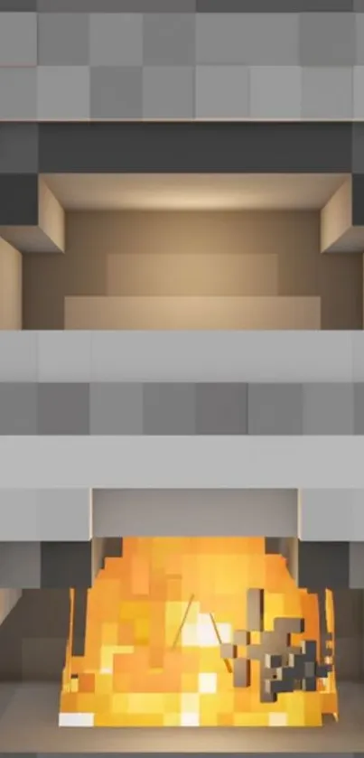 Pixelated fireplace with bright flames in a block design wallpaper.