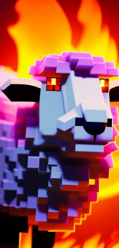 Pixelated sheep art with vibrant flames.