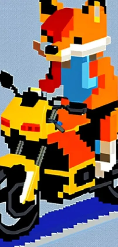 Pixelated fox riding a motorcycle in vibrant colors.