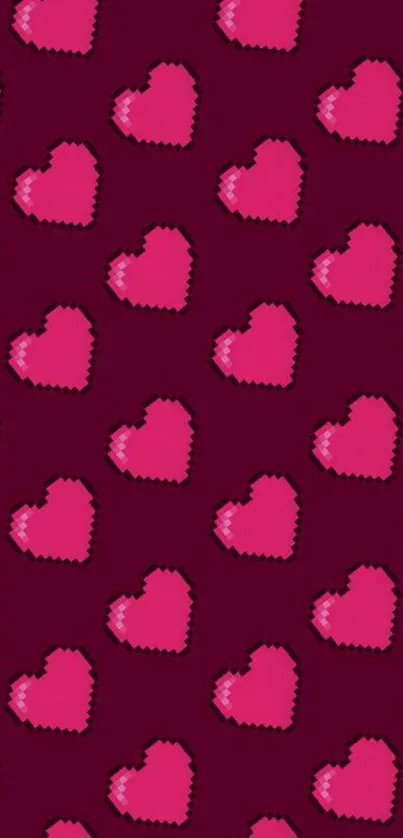 Pixelated pink hearts on a maroon background.