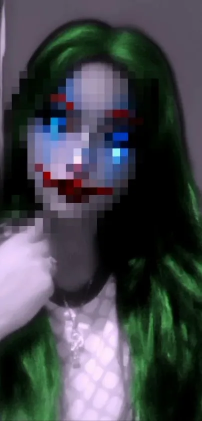 Pixelated joker-themed wallpaper with vibrant green hair and colorful face.