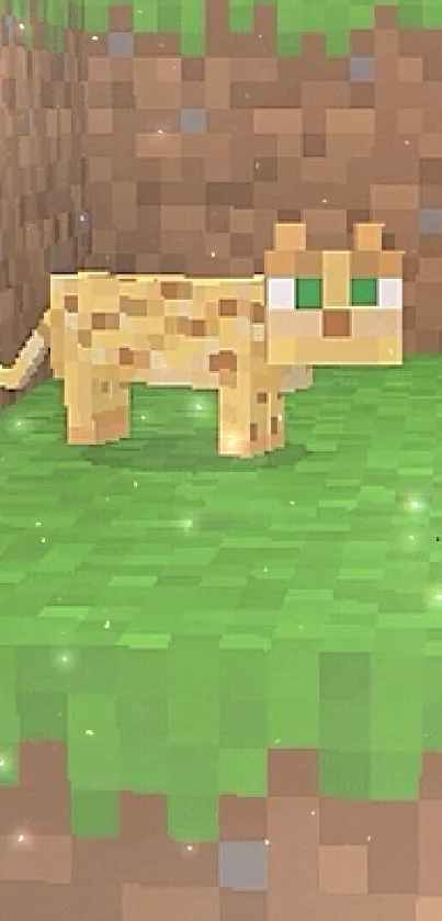 Pixelated jungle landscape with a digital cheetah on green grass.