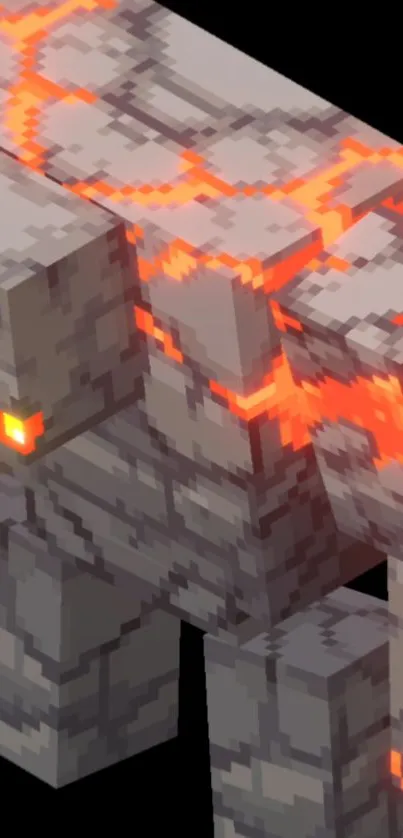 Pixelated lava golem with glowing cracks on dark background.