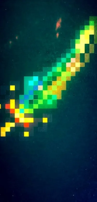 Pixelated neon sword on dark blue background wallpaper.