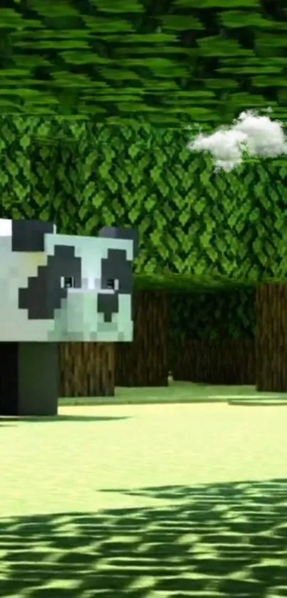 Pixelated panda in a lush green forest with a digital design flair.